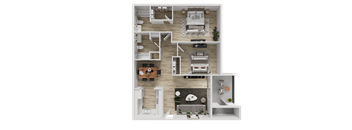 A 3D floor plan of a house with a kitchen, living room, dining room, and bathroom.