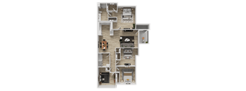 A detailed 3D floor plan of a modern apartment.