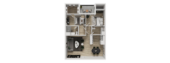 A top-down view of a small apartment layout with a kitchen, living room, and bathroom.