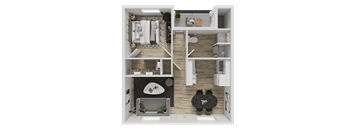 A modern apartment layout with a kitchen, living room, and bedroom.