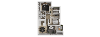A 3D floor plan of a small apartment with a kitchen, living room, and bedrooms.