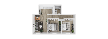 A top-down view of a modern apartment layout with a kitchen, living room, and two bedrooms.