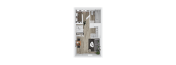 A top-down view of a small, neatly organized apartment.