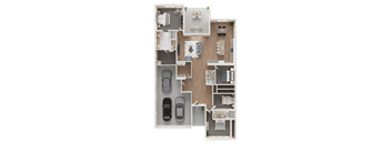 A 3D floor plan of a house with a kitchen, living room, and two bedrooms.