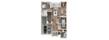 A 3D rendered image of a house layout with two bedrooms, a living room, a kitchen, a dining room, and a garage.
