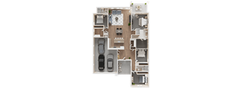 A top-down view of a house layout with a living room, two bedrooms, a kitchen, and a garage.