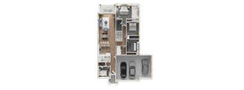 A 3D floor plan of a house with a garage and a kitchen.