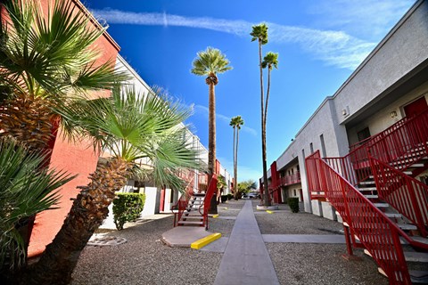 A pathway with red railings and palm trees.
