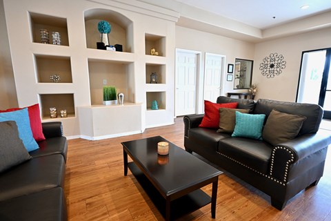 A black leather couch with red and blue pillows sits in a living room with a black coffee table and white shelves with decorative items.