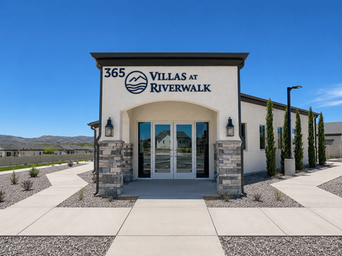 The entrance to a building with the sign "365 VILLAS AT RIVERWALK" in front of it.