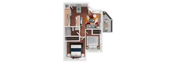 A floor plan of a two-bedroom apartment with a living room, kitchen, and bathroom.