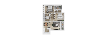 A top-down view of a house layout with a kitchen, living room, and bathroom.