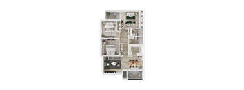 A 3D rendered image of a house layout.