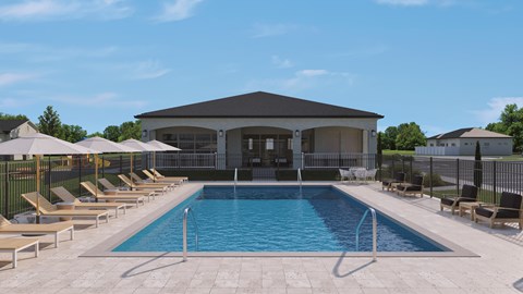 A large swimming pool is surrounded by sun loungers and umbrellas.