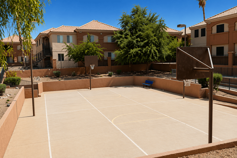 A basketball court is surrounded by houses and trees.