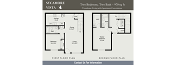 A floor plan for a two bedroom, two bath apartment at Sycamore Vista.