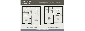 A floor plan for a three bedroom, two bathroom apartment.