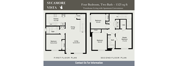 A floor plan for a four bedroom, two bathroom apartment.