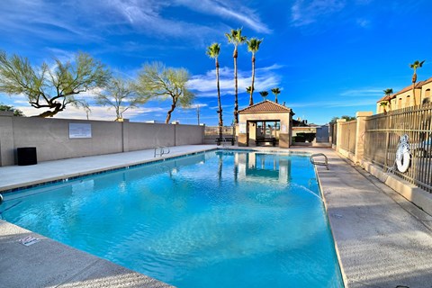 A pool surrounded by a concrete wall and palm trees.