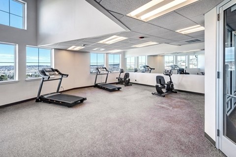 A gym with treadmills and elliptical machines.