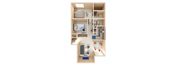 a bedroom with a bed and a desk in a room