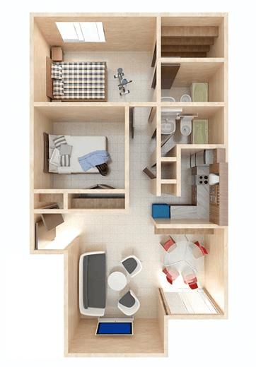 a bedroom with a bed and a desk in a room