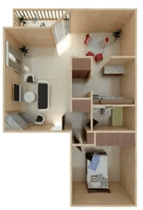 a bedroom with a bed and a chair in a room