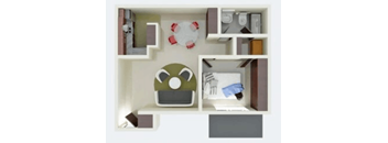 a bedroom with a bed and a desk in a room