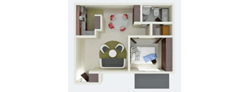 a bedroom with a bed and a desk in a room