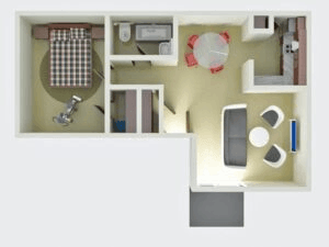 a furnished apartment with a kitchen and living room