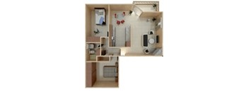 a bedroom with a bathroom and a living room