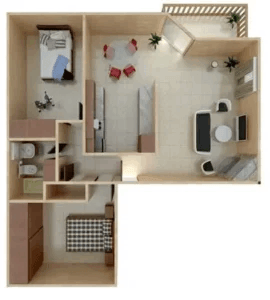 a bedroom with a bathroom and a living room