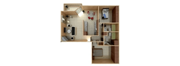 a bedroom with a bed and a chair in a room