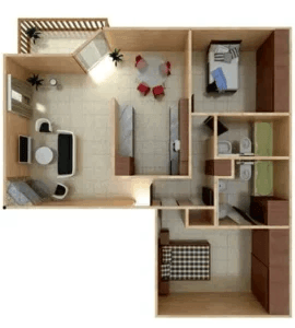 a bedroom with a bed and a chair in a room