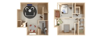a bedroom and a living room are shown in a dollhouse