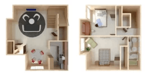 a bedroom and a living room are shown in a dollhouse