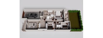 A 3D floor plan of a house with a car parked in the driveway.