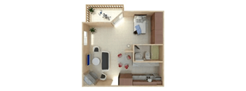 a bedroom with a bathroom and a living room