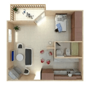 a bedroom with a bathroom and a living room