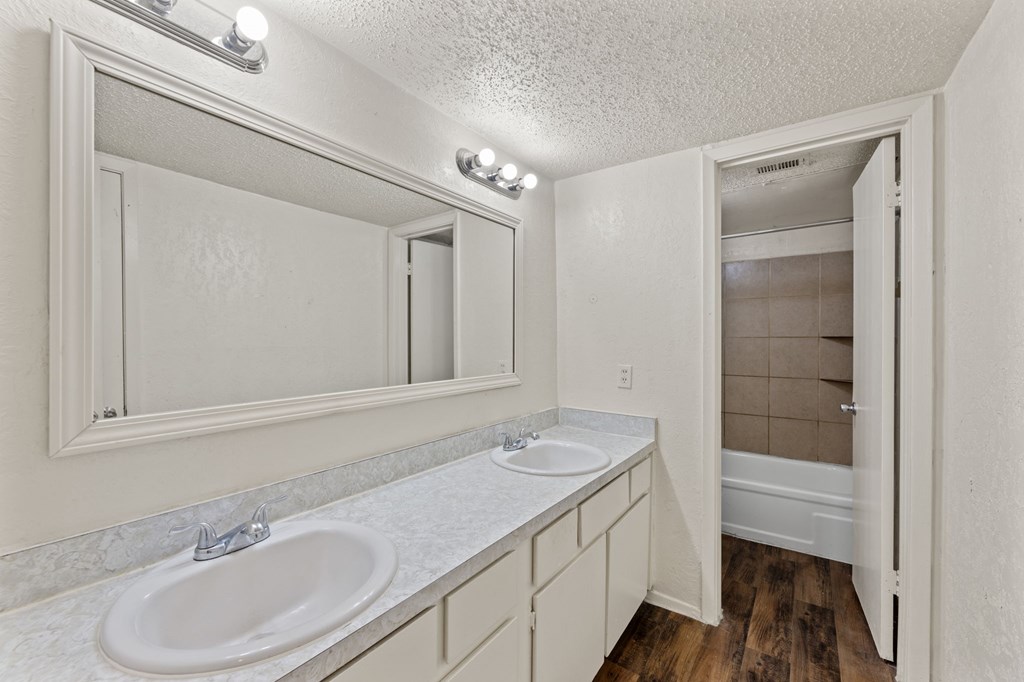 A bathroom with a white sink and a mirror.