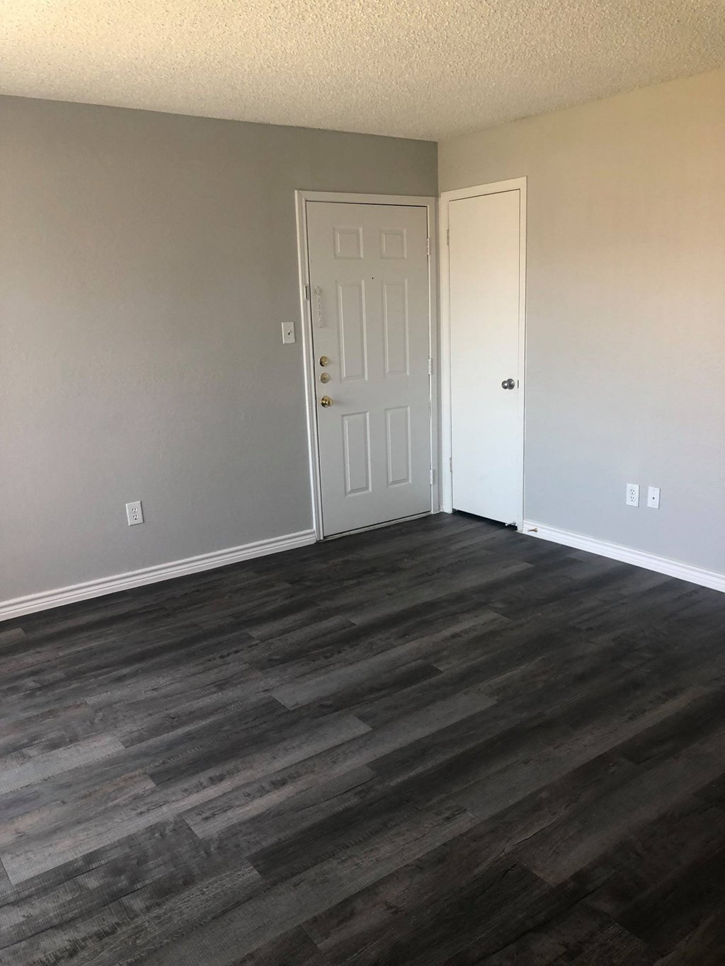 A room with a wooden floor and two white doors.
