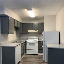 a kitchen with a stove and a refrigerator