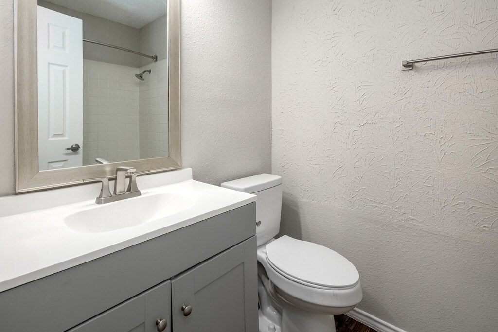 a bathroom with a sink toilet and a mirror