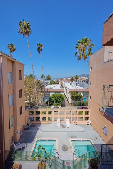 A pool surrounded by a fence and palm trees.
