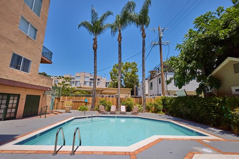 A swimming pool surrounded by palm trees and residential buildings.
