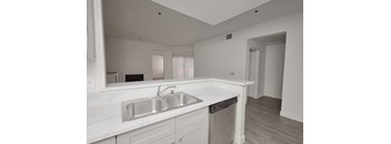 A kitchen with a sink and a dishwasher.