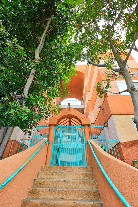 A staircase with a blue railing leads to a pool.