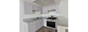 A kitchen with a stove, sink, and cabinets.