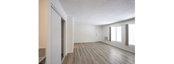 A room with a wooden floor and a window on the right side.