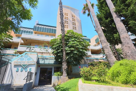 A Marta Palms building with a green sign and palm trees in front.